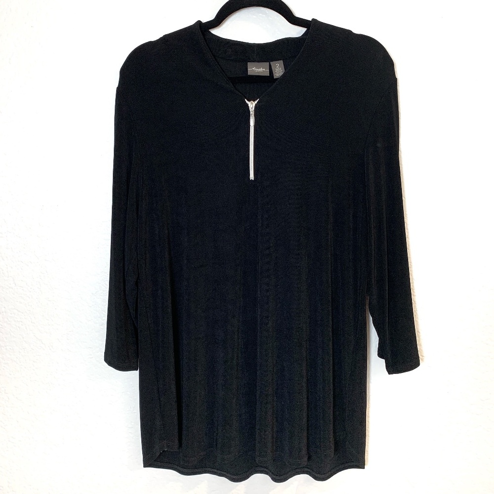 Chico's Travelers Black Tunic Top Size 2= Large/12 Silver Zipper Slinky Packable